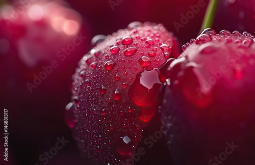 A close-up of fresh, juicy cherries with water droplets on them. The background is blurred to emphasize the vibrant red color and texture of the cherry fruit. High-resolution photography,generative ai