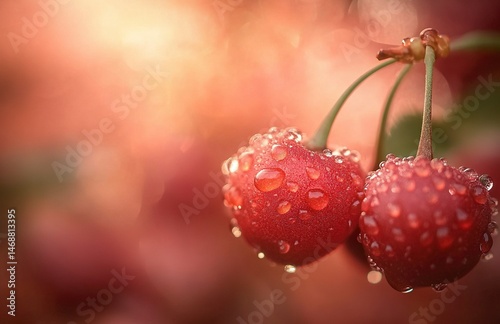 A close-up of fresh, juicy cherries with water droplets on them. The background is blurred to emphasize the vibrant red color and texture of the cherry fruit. High-resolution photography,generative ai