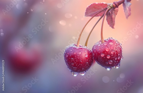 A close-up of fresh, juicy cherries with water droplets on them. The background is blurred to emphasize the vibrant red color and texture of the cherry fruit. High-resolution photography,generative ai