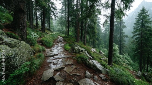 Mysterious foggy mountain path pine forest nature photography tranquil environment ground level view