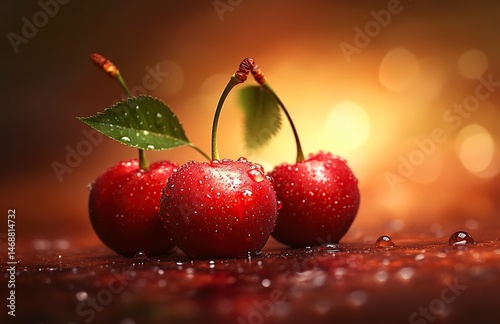 A close-up of fresh, juicy cherries with water droplets on them. The background is blurred to emphasize the vibrant red color and texture of the cherry fruit. High-resolution photography,generative ai