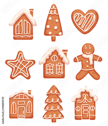 Set of Christmas gingerbread cookie house, man and star. Vector flat illustration with grainy texture