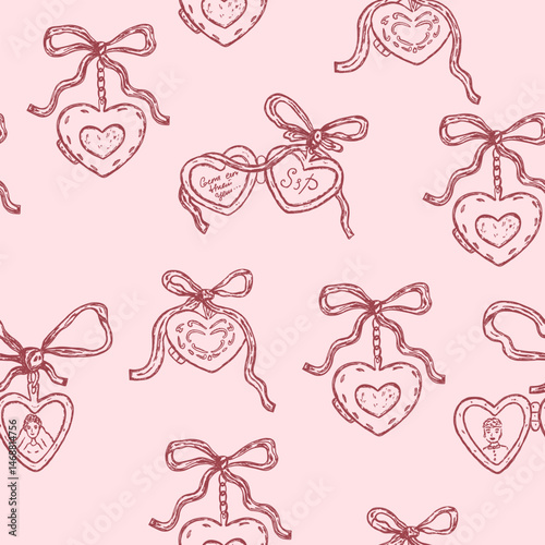 Seamless pattern of vintage locket in heart shape with pink bow in whimsial sketch style