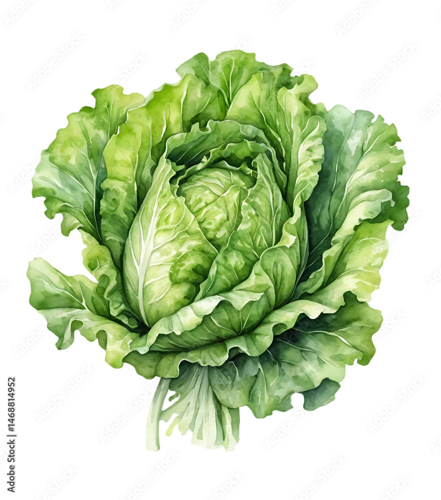 Fototapeta premium Cabbage Watercolor Painting Fresh Green Head Isolated