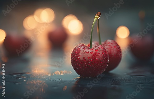A close-up of fresh, juicy cherries with water droplets on them. The background is blurred to emphasize the vibrant red color and texture of the cherry fruit. High-resolution photography,generative ai