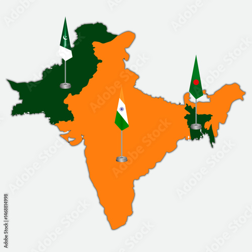 Realistic geopolitical google map of Pakistan, Bangladesh and India. Bangladesh map, Pakistani map and Indian map in country territory. Map silhouette of India. Bd and Pakistan in abstract look