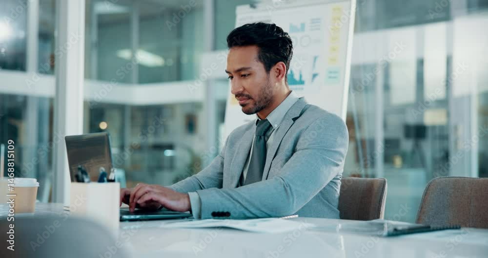 Business man, laptop and finance at office for typing, report and budget planning with charts, thinking or review. Person, pc and smile with graphs, stats and audit for revenue at accounting agency