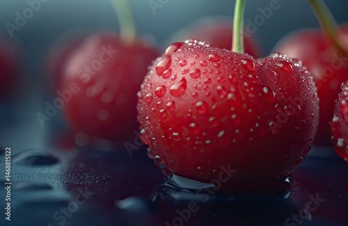 A close-up of fresh, juicy cherries with water droplets on them. The background is blurred to emphasize the vibrant red color and texture of the cherry fruit. High-resolution photography,generative ai