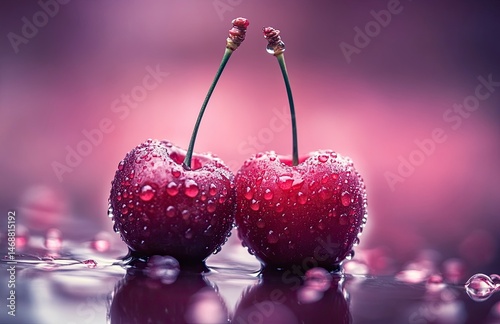 A close-up of fresh, juicy cherries with water droplets on them. The background is blurred to emphasize the vibrant red color and texture of the cherry fruit. High-resolution photography,generative ai