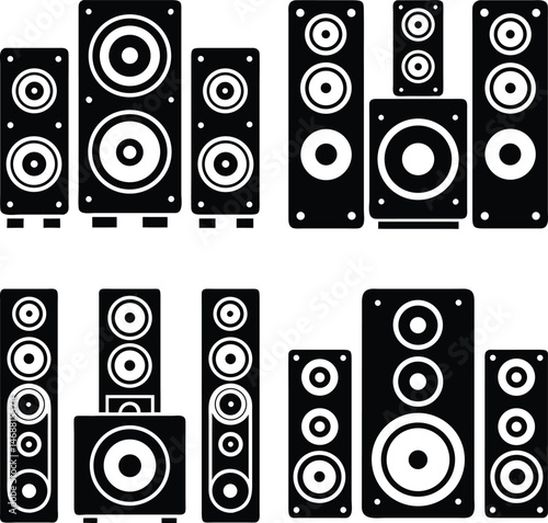 Black silhouette set of home audio speaker systems with subwoofers and multiple speaker units in vector graphic style
