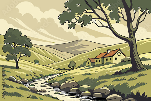 116 peaceful rural landscape, rolling hills, cottages, trees, cloudy sky, stream, digital art, photorealistic, vibrant colors, atmospheric, impressionistic style