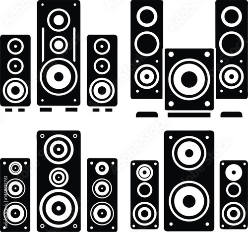 Black silhouette set of home audio speaker systems with subwoofers and multiple speaker units in vector graphic style

