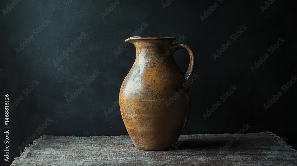 Rustic earthenware jug displayed on a dark surface with moody lighting in a minimalist setting Rustic earthenware jug displayed on a dark surface with moody lighting in a minimalist setting