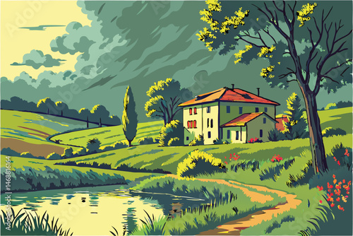 117 colorful landscape, countryside village, serene pond reflection, dramatic cloudy sky, lush greenery, vibrant colors, painterly art style, digital painting, hyper realistic, cinematic lighting, hig