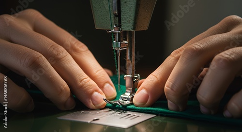 Close-up of Hands Operating a Sewing Machine, Green Fabric, Precision Work, Textile Creation, Needlework, Craft, 