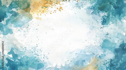 Abstract watercolor background, blue and gold paint splatters, blank center, design element