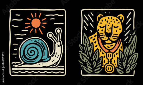 Colorful Hand-Drawn Doodles of Snail and Leopard on Black Background
