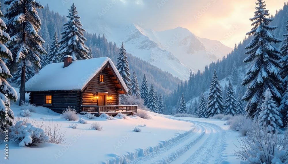 Naklejka premium Cozy winter scene with snow-covered evergreen trees and a rustic cabin , stillness, outdoors