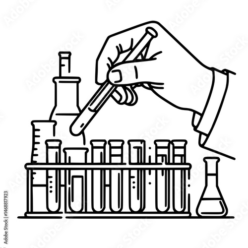 Laboratory hand conducting experiments with test tubes and beakers , single line contour vector 