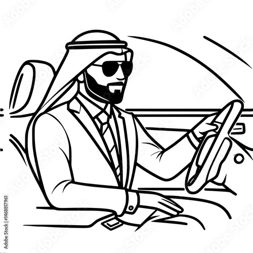 rich arab sheikh driving car in suit, one line outline vector