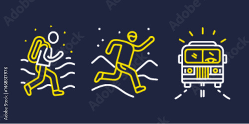 Line Art Icons of Hiking, Running, and Travel bus on Blue Background