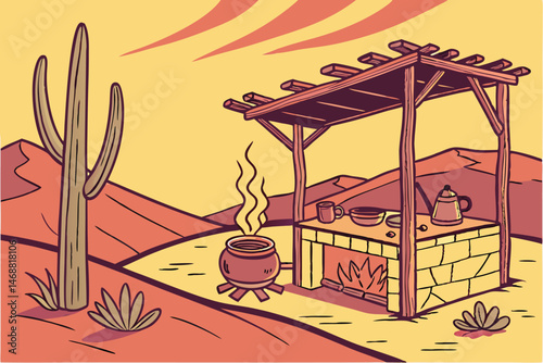 118 a traditional outdoor kitchen, cooking fire, earthenware pots, rustic wooden structure, steam rising, desert landscape, vibrant colors, impressionist style painting