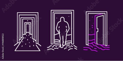 Monoline Icon of Open Doorways and Figure in Flat Design Style