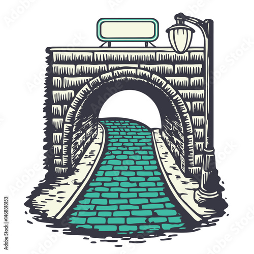 Detailed Hand-Drawn Illustration of a Bridge with Cobblestone Path