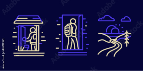 Minimalist Monoline Icons Illustrating Adventure and Exploration Themes