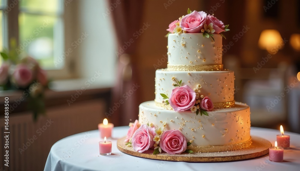 Fototapeta premium Elegant wedding cake centerpiece with floral decorations, sparkling details , buttercream, confectionery