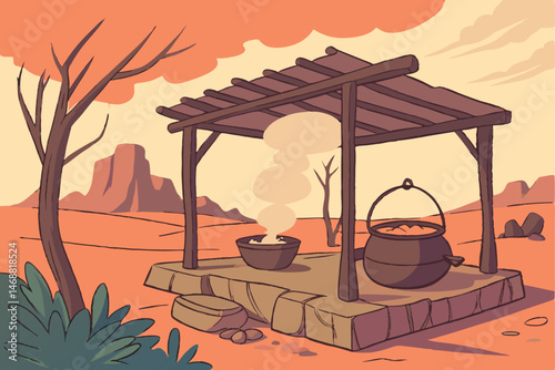 118 a traditional outdoor kitchen, cooking fire, earthenware pots, rustic wooden structure, steam rising, desert landscape, vibrant colors, impressionist style painting
