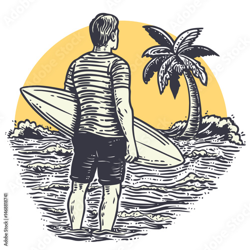 Hand Drawn Illustration of Surfer by Beach with Palm Tree and Sun