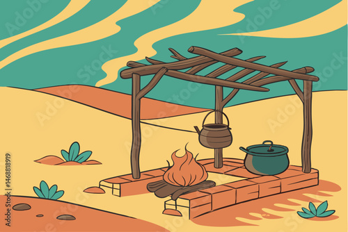 118 a traditional outdoor kitchen, cooking fire, earthenware pots, rustic wooden structure, steam rising, desert landscape, vibrant colors, impressionist style painting