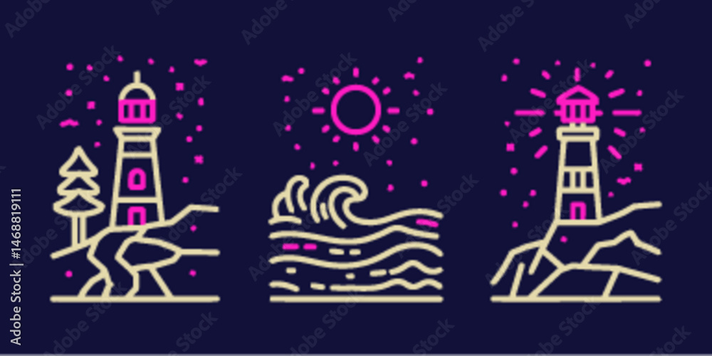 Monoline Flat Icon Set of Lighthouses and Ocean Scenery Monoline Flat Icon Set of Lighthouses and Ocean Scenery