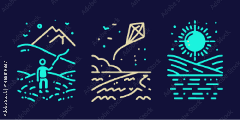 Fototapeta premium Monoline Flat Icons of Outdoor Activities and Nature Elements