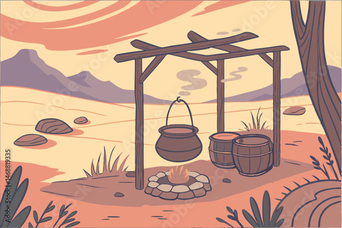 118 a traditional outdoor kitchen, cooking fire, earthenware pots, rustic wooden structure, steam rising, desert landscape, vibrant colors, impressionist style painting