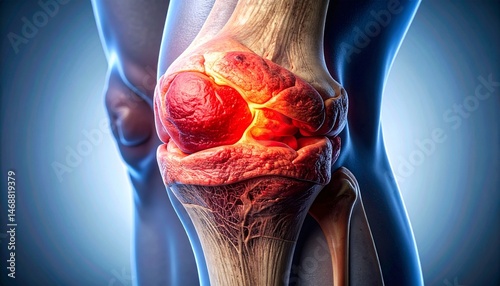 Cross-sectional anatomical image of damaged knee cartilage, with intra-articular inflammation highlighted in red