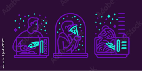 Colorful Monoline Icon Set Featuring Food and Microwave Scenes