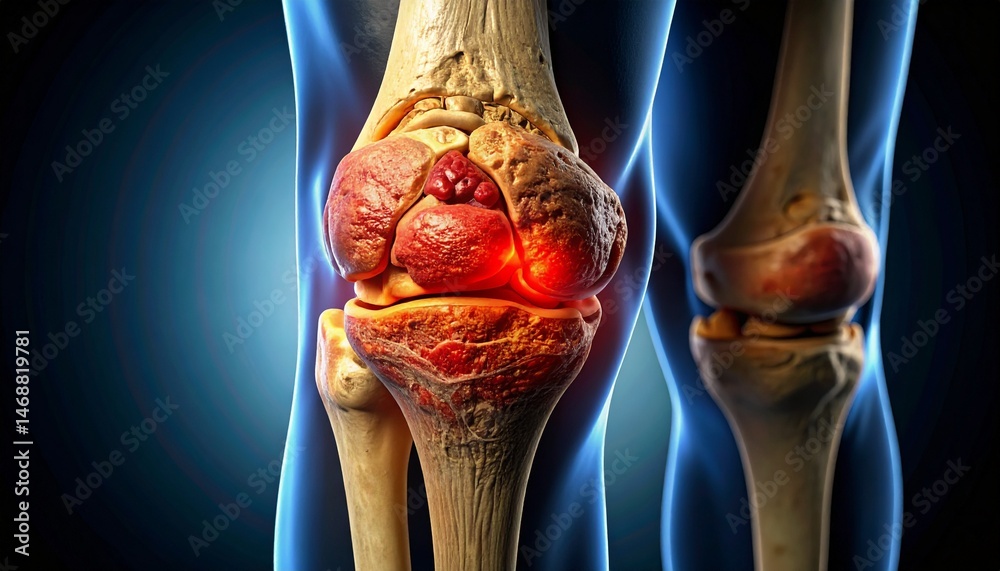 Naklejka premium Cross-sectional anatomical image of damaged knee cartilage, with intra-articular inflammation highlighted in red