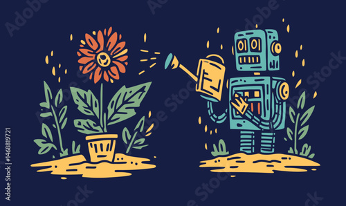 Whimsical Robot Watering Flower in Colorful Doodle Art Style