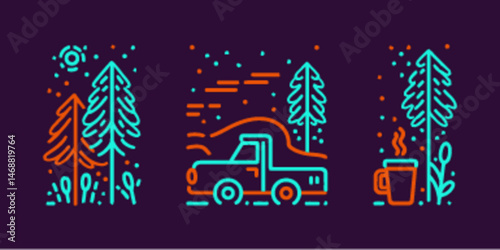 Monoline Flat Icon Set of Nature, Vehicle, and Coffee Elements