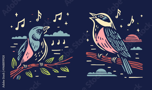 Colorful Hand-Drawn Birds Singing on Branches with Musical Notes