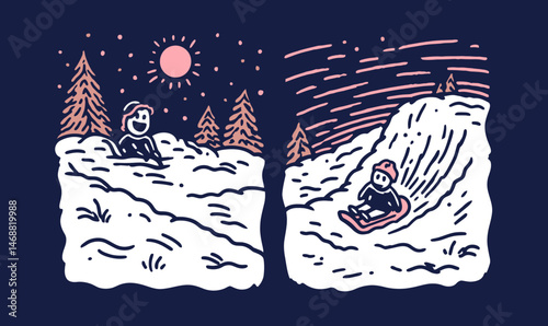 Playful Winter Doodle Illustration of Sledding and Snow Fun