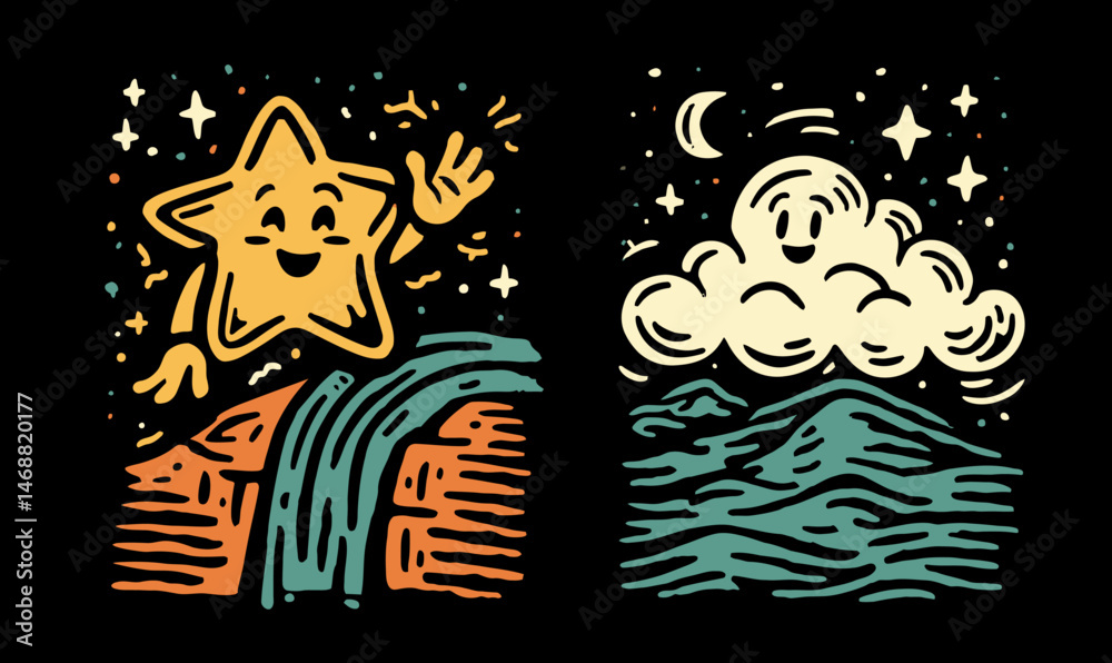 Obraz premium Playful Star and Cloud Doodle Hand Drawing on Black Background