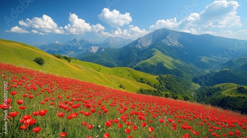 Serene Mountain Poppy Field Landscape