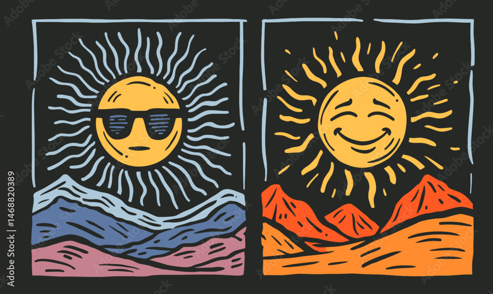 Fototapeta premium Colorful Hand-Drawn Sun Doodle with Mountains and Smiling Face