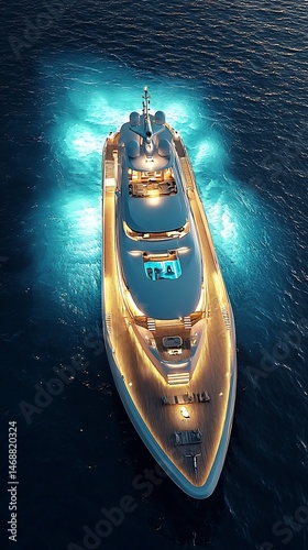 Luxurious Illuminated Yacht Sailing At Night Across Dark Blue Waters Displaying Opulence
