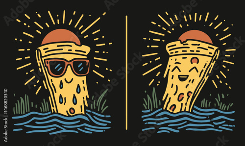Fun and Playful Pizza Doodle with Sunglasses and Smiling Face
