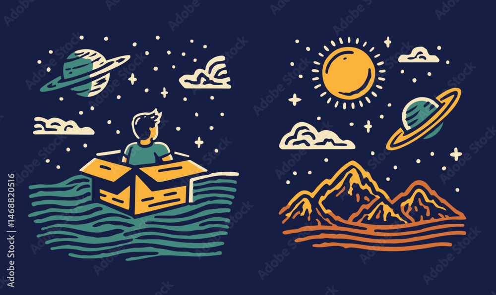 Whimsical Hand-Drawn Doodle of Boy in Box with Scenic Background Whimsical Hand-Drawn Doodle of Boy in Box with Scenic Background