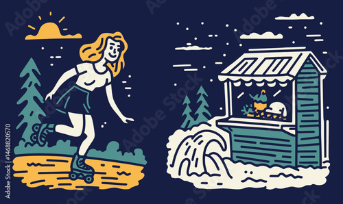 Playful Hand-Drawn Doodle of Roller Skater and Ice Cream Stand Scene